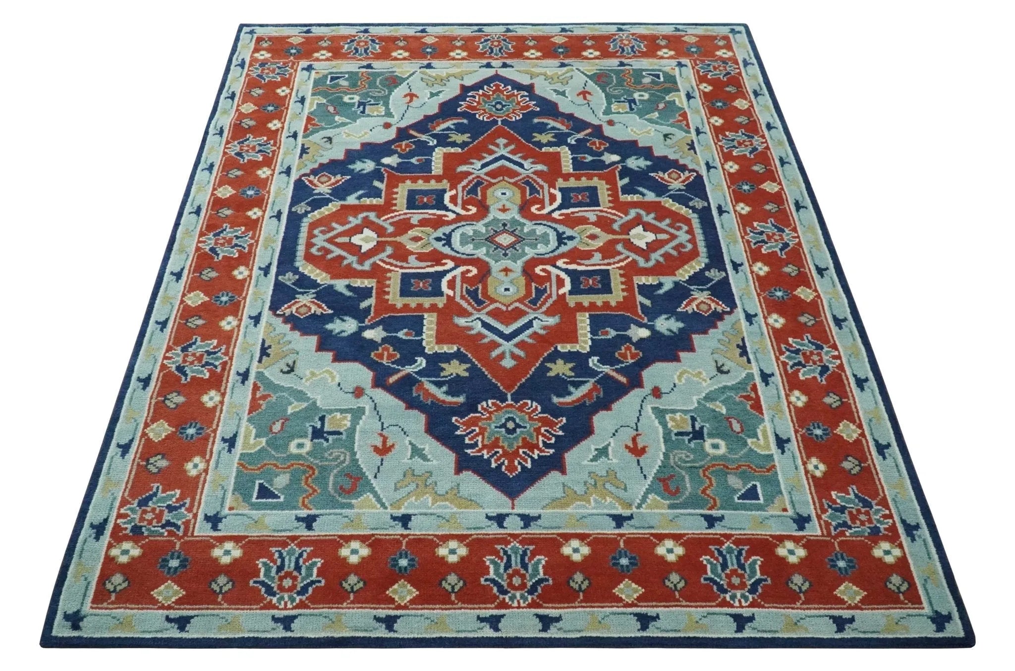 Traditional Heriz Brown, Blue and Gray Hand Knotted Custom Made Wool Area Rug