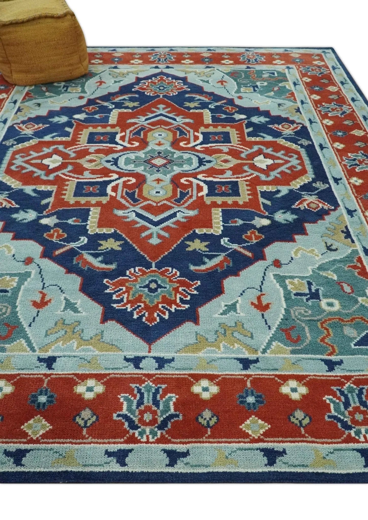 Traditional Heriz Brown, Blue and Gray Hand Knotted Custom Made Wool Area Rug