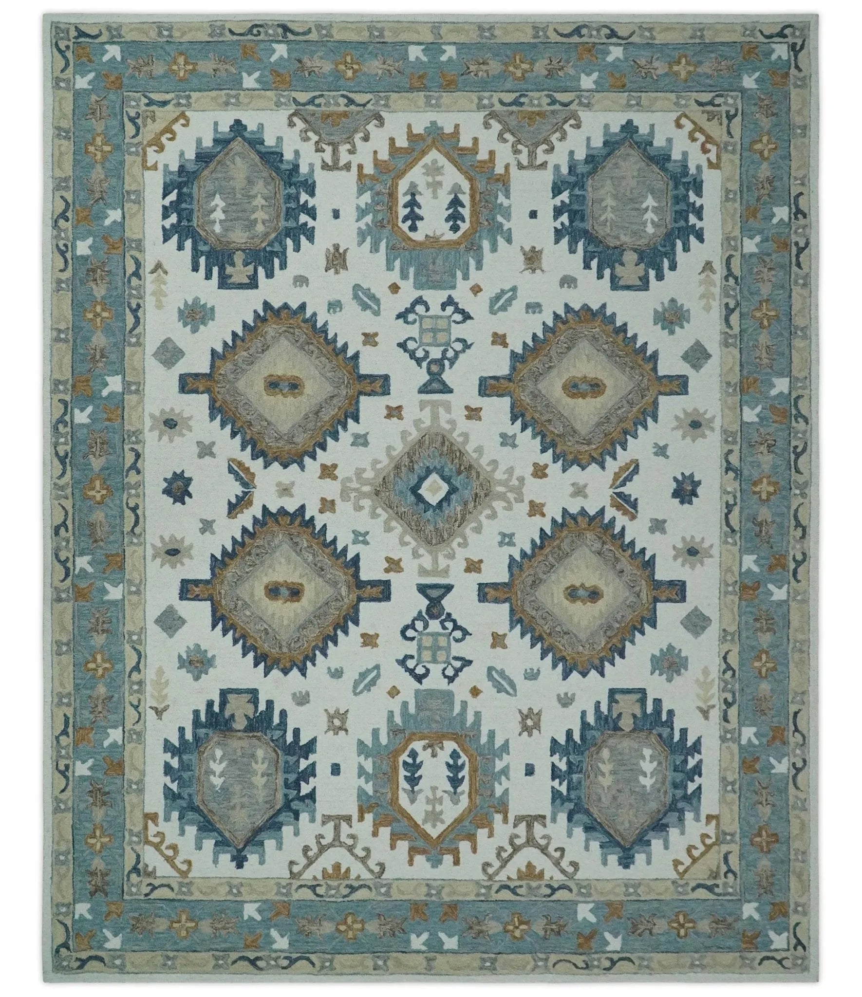 Traditional Large Design Ivory, Blue and Beige Hand Tufted Custom Made wool area Rug