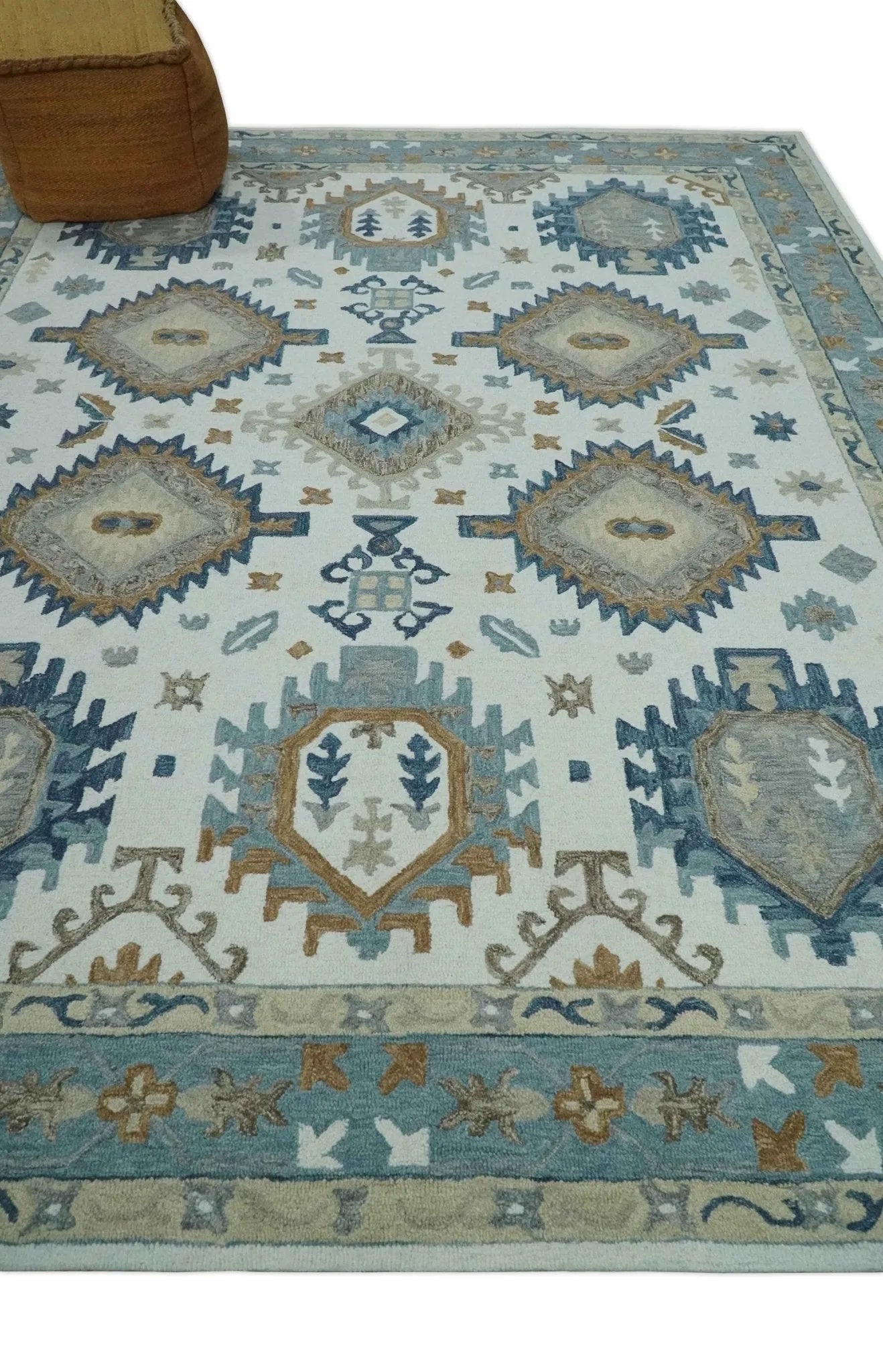 Traditional Large Design Ivory, Blue and Beige Hand Tufted Custom Made wool area Rug