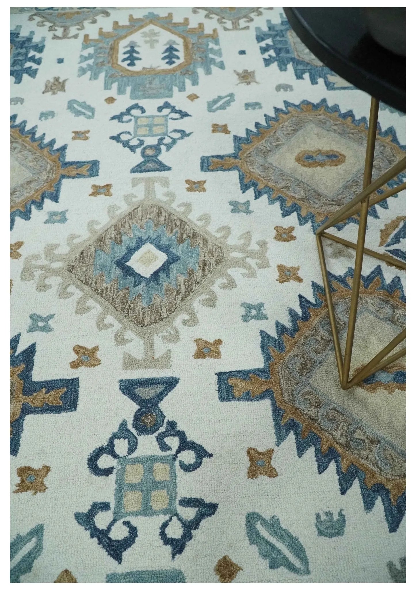 Traditional Large Design Ivory, Blue and Beige Hand Tufted Custom Made wool area Rug