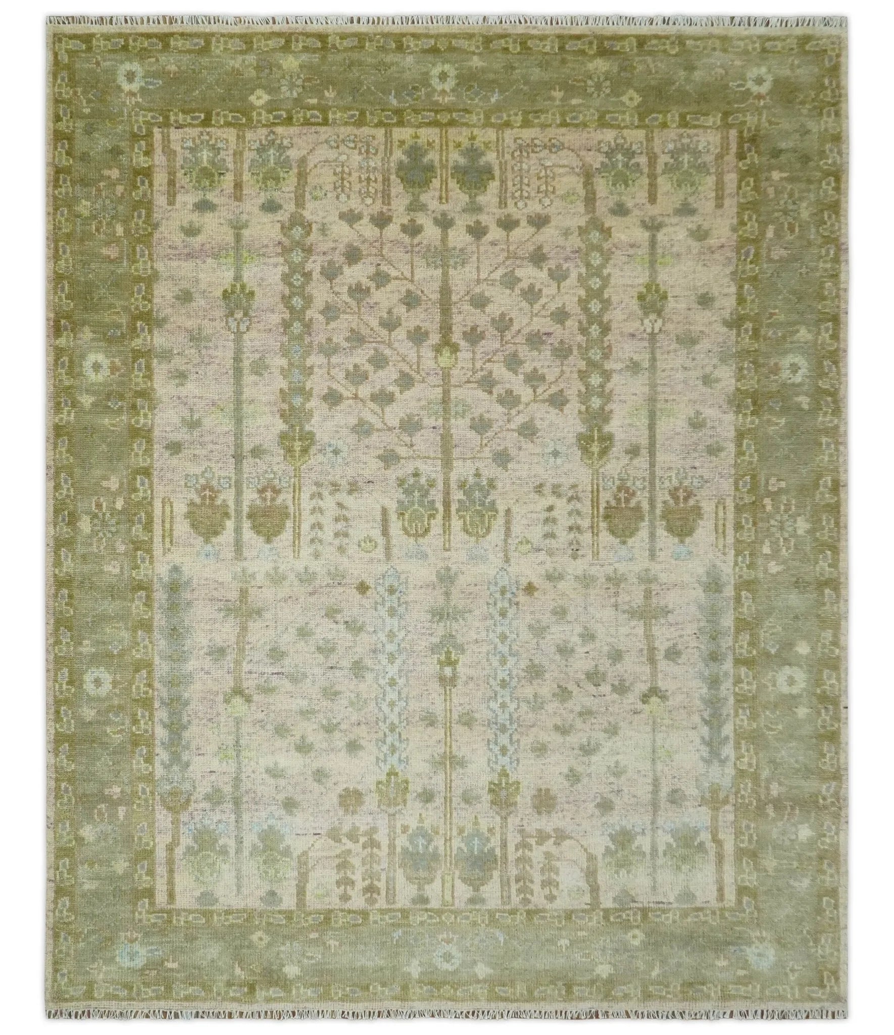 Tree of life Beige, Purple and Olive Hand Knotted Traditional Floral Custom Made wool rug