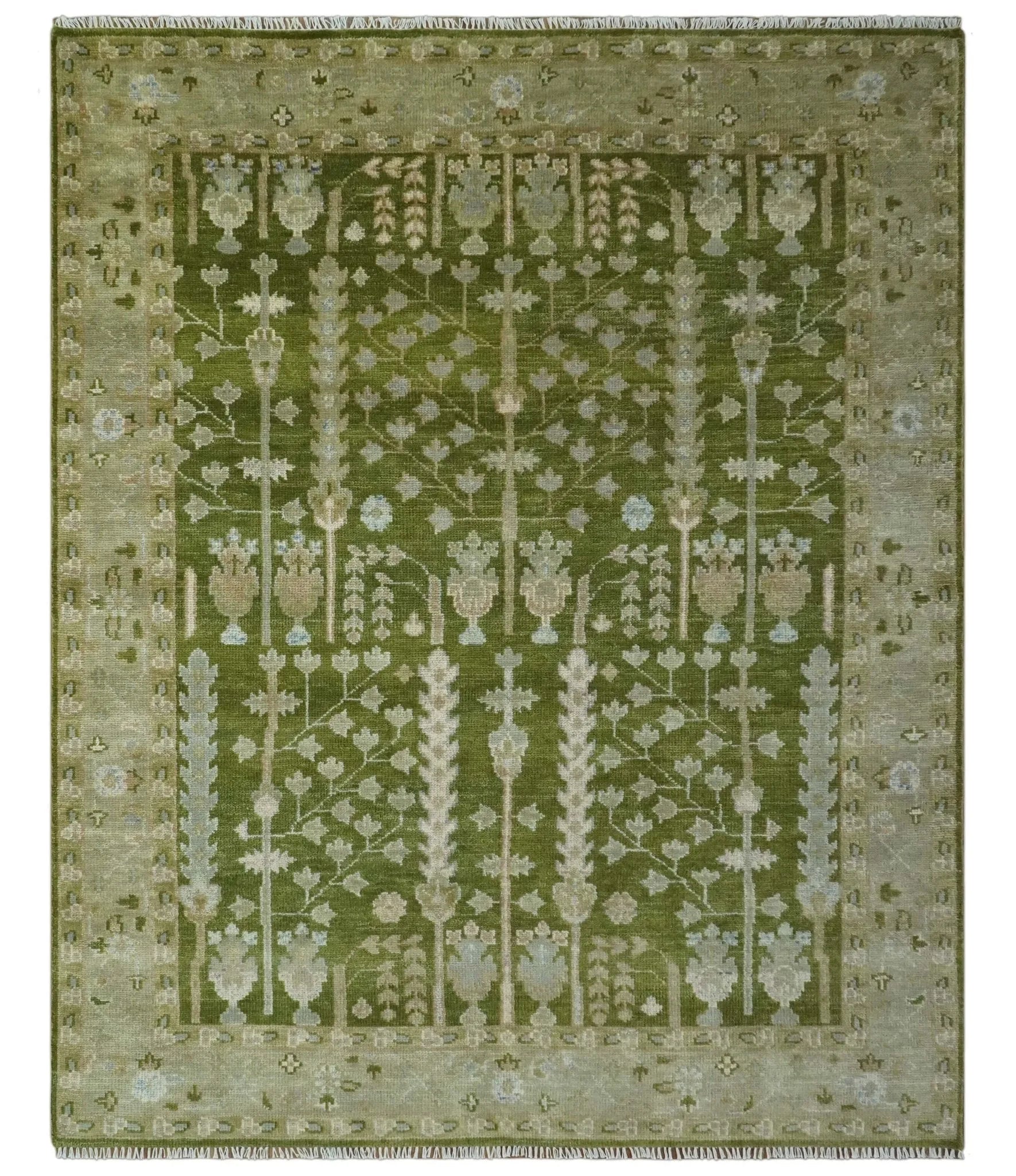 Tree of life Green and Silver Hand Knotted Traditional Floral Custom Made wool rug