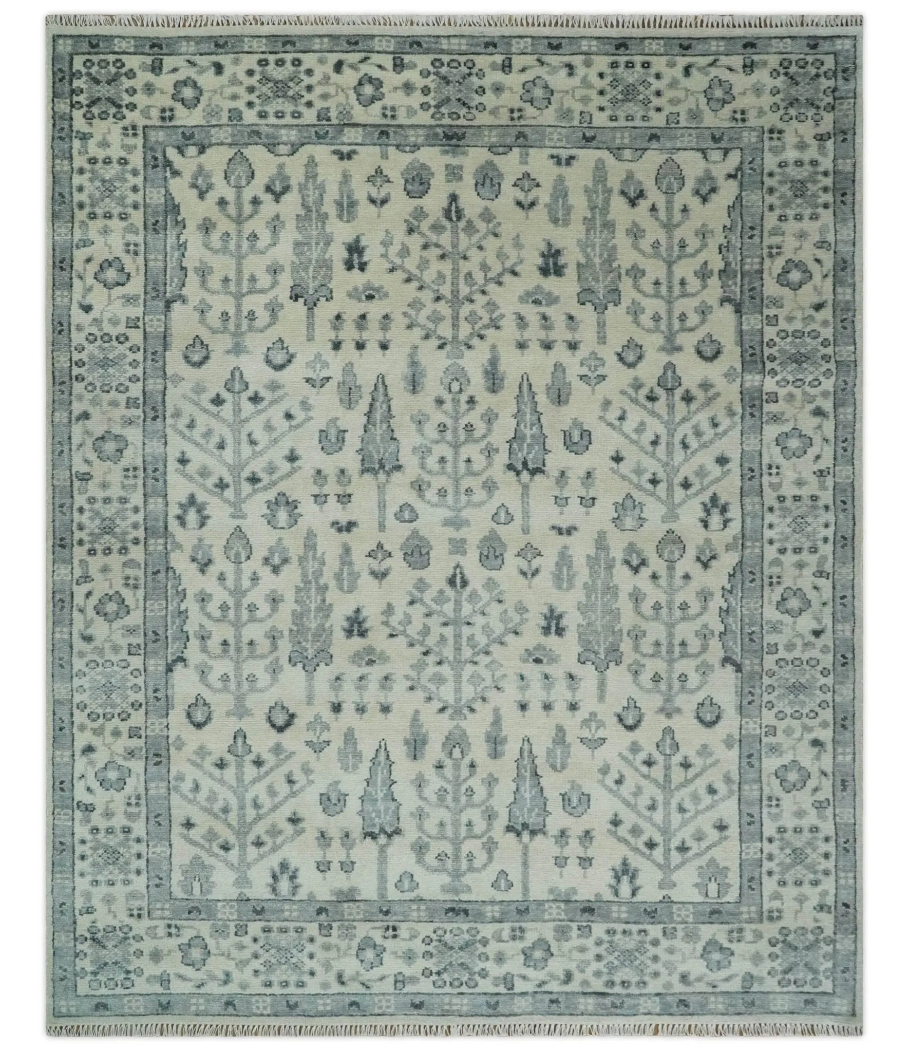 Tree of Life Hand Knotted Ivory and Charcoal Traditional Oushak Custom Made Wool Rug