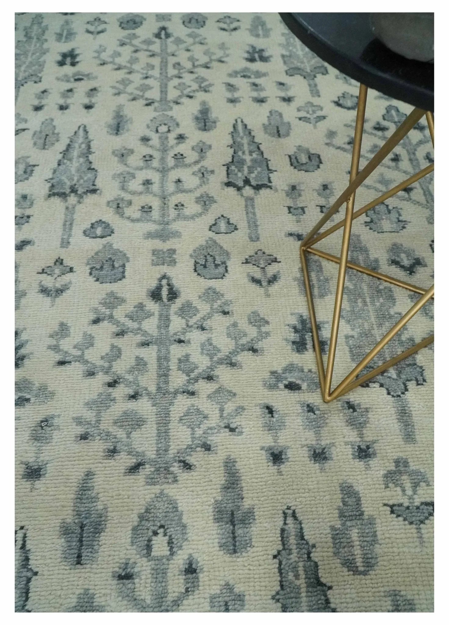 Tree of Life Hand Knotted Ivory and Charcoal Traditional Oushak Custom Made Wool Rug