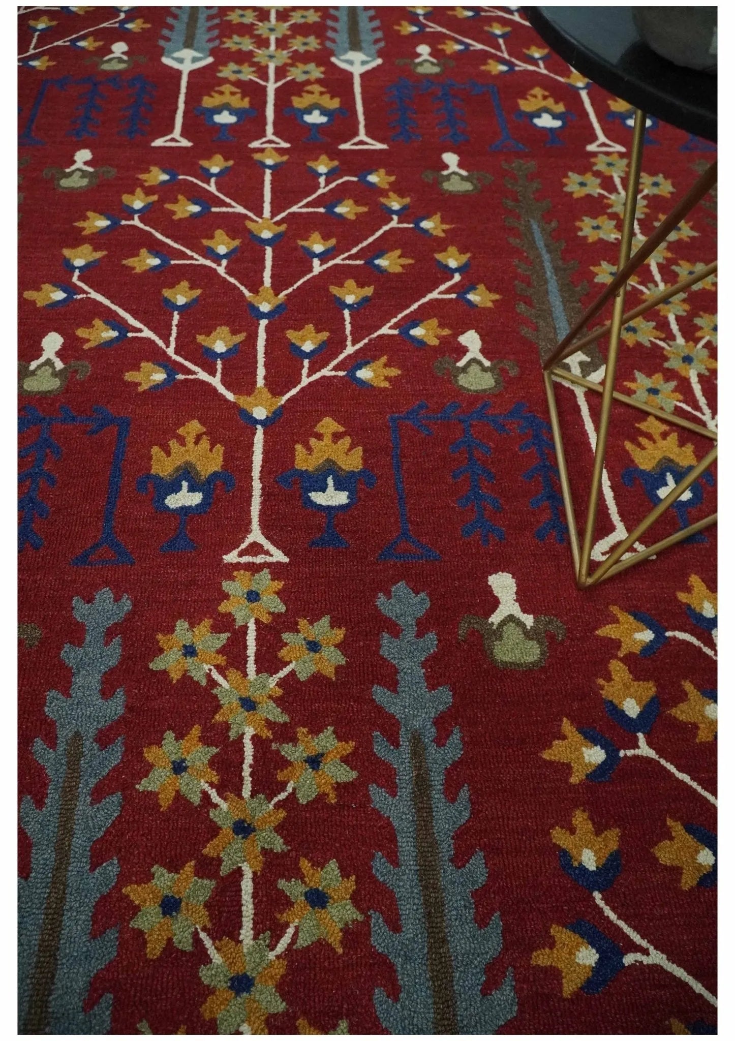 Tree of life Maroon, Blue and Gold Traditional Floral Hand Tufted Custom Made wool Area Rug