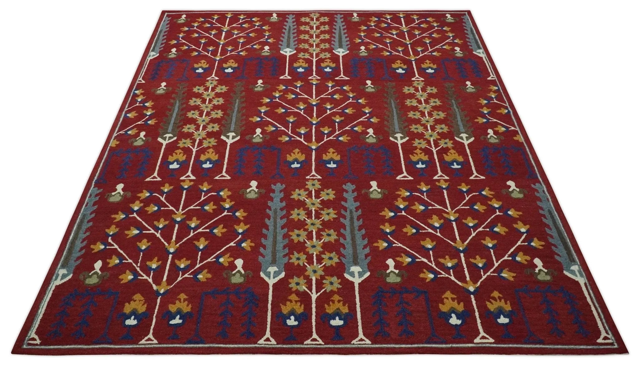 Tree of life Maroon, Blue and Gold Traditional Floral Hand Tufted Custom Made wool Area Rug