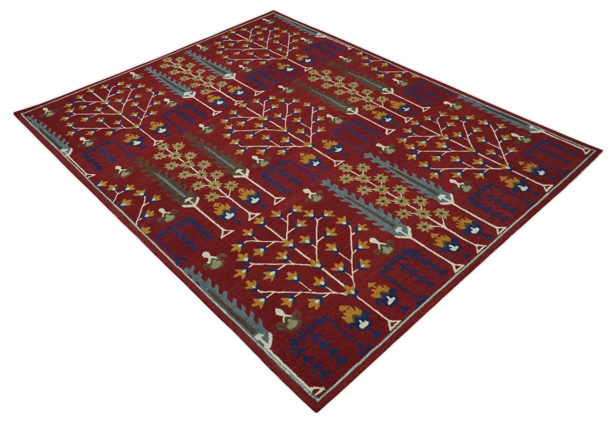 Tree of life Maroon, Blue and Gold Traditional Floral Hand Tufted Custom Made wool Area Rug