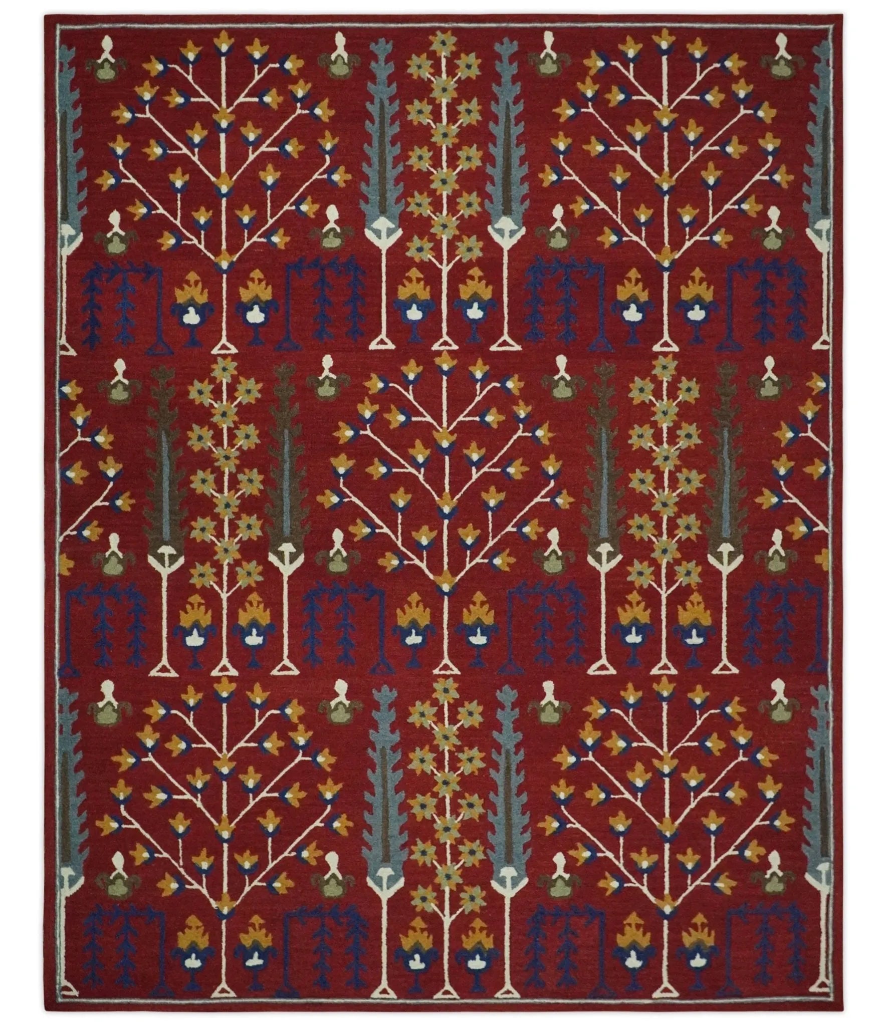 Tree of life Maroon, Blue and Gold Traditional Floral Hand Tufted Custom Made wool Area Rug