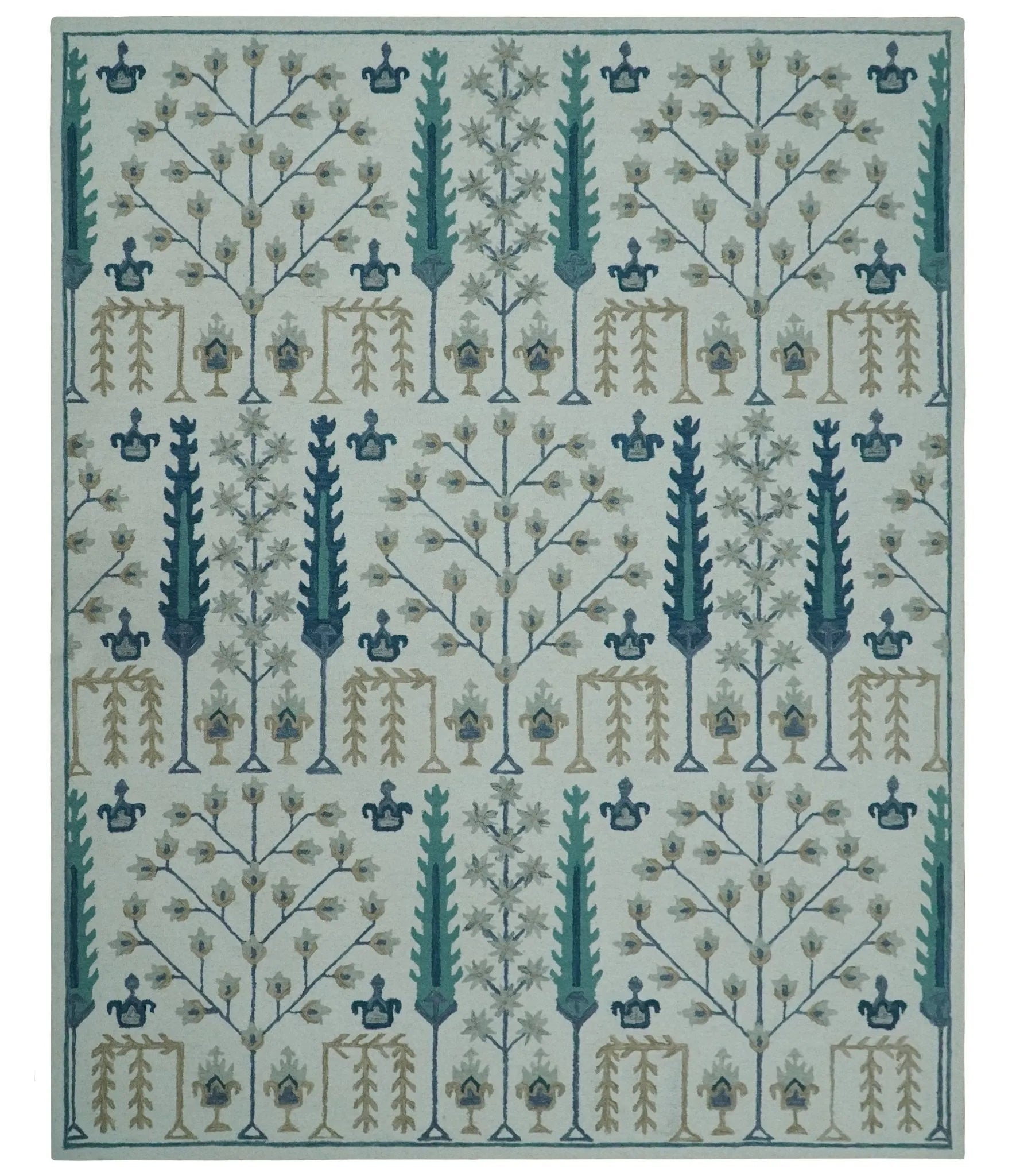 Tree of life Silver, Beige and Teal Traditional Floral Hand Tufted Custom Made wool Area Rug