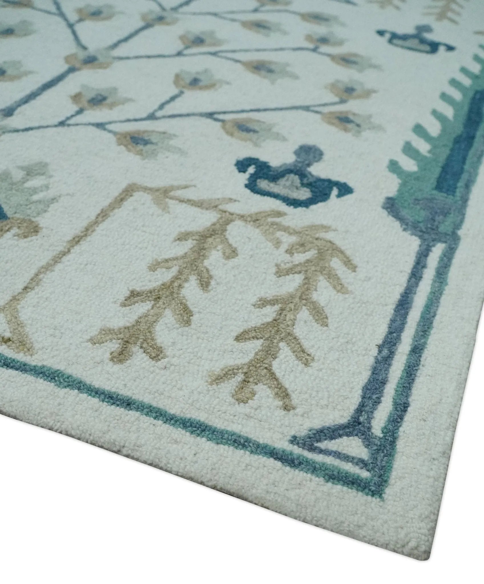 Tree of life Silver, Beige and Teal Traditional Floral Hand Tufted Custom Made wool Area Rug