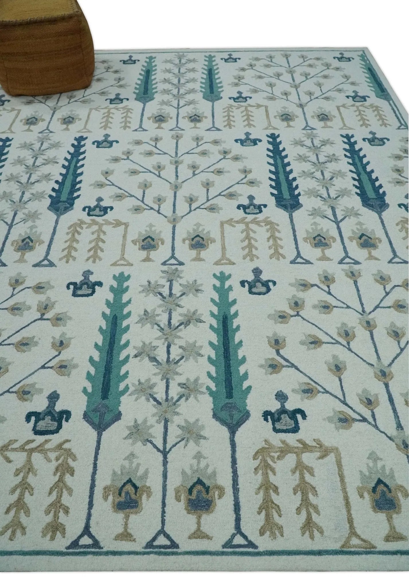 Tree of life Silver, Beige and Teal Traditional Floral Hand Tufted Custom Made wool Area Rug