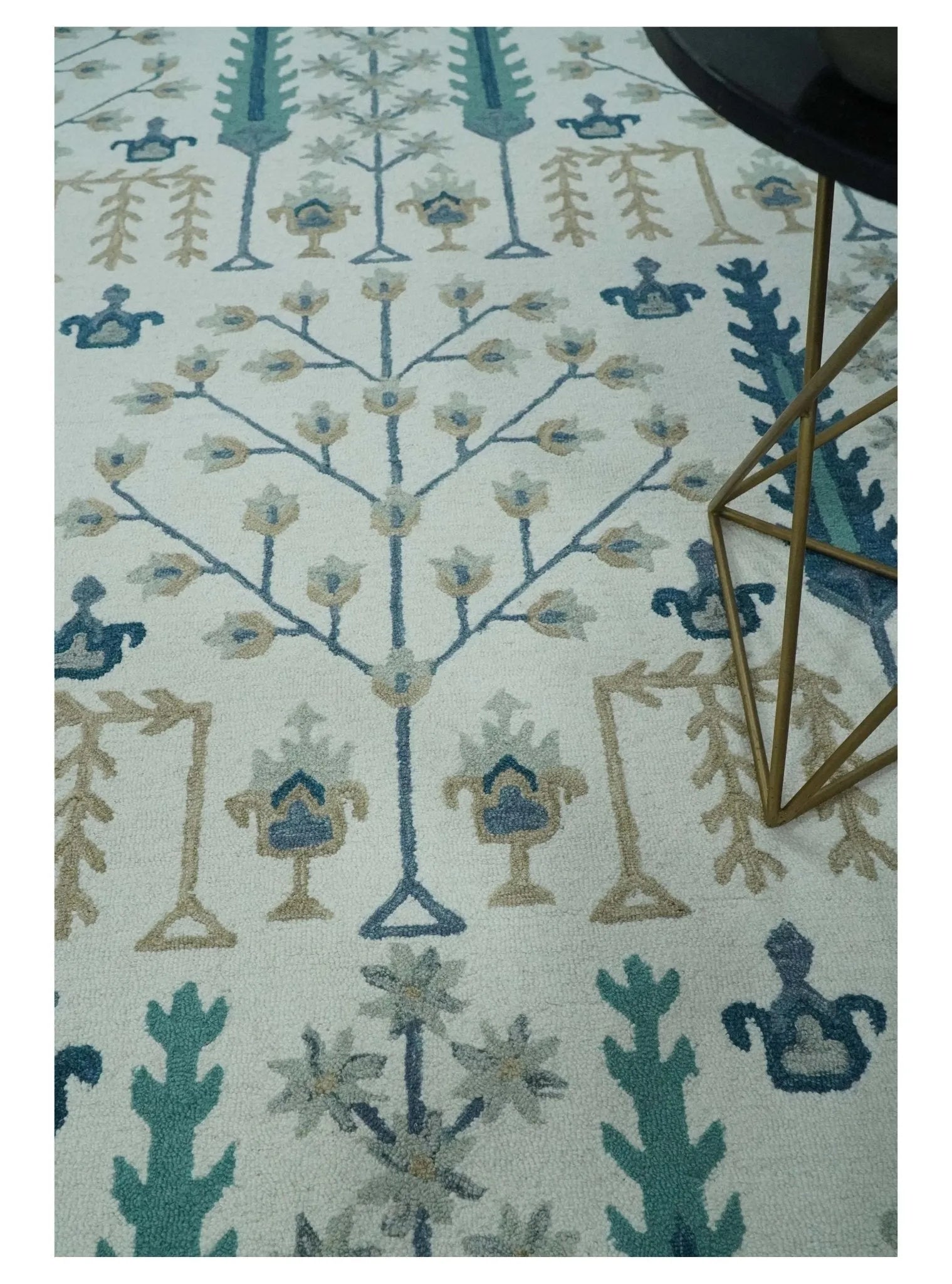 Tree of life Silver, Beige and Teal Traditional Floral Hand Tufted Custom Made wool Area Rug