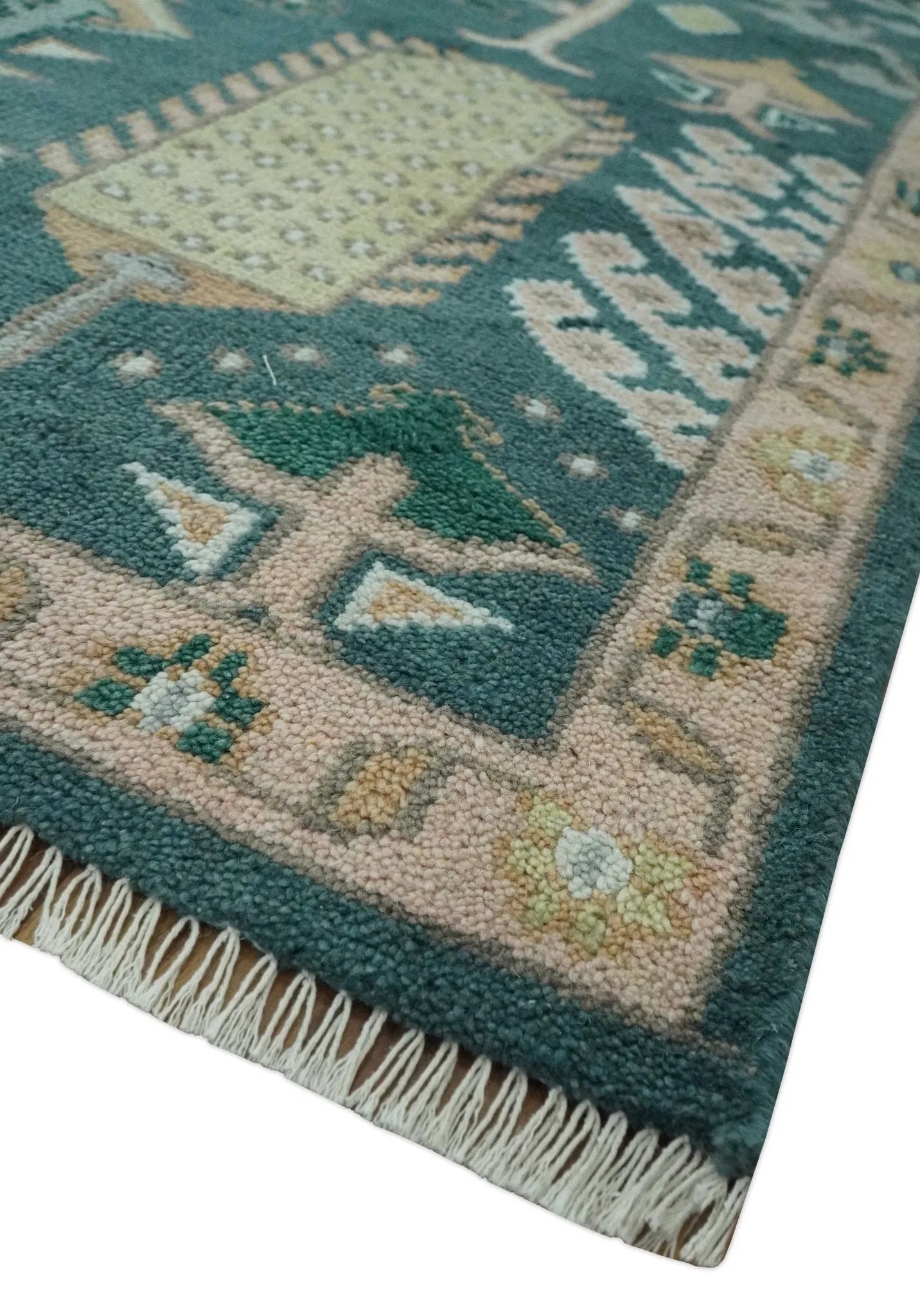 Tree of life Teal, Peach and Olive Hand Knotted Traditional Oushak Custom Made wool area Rug