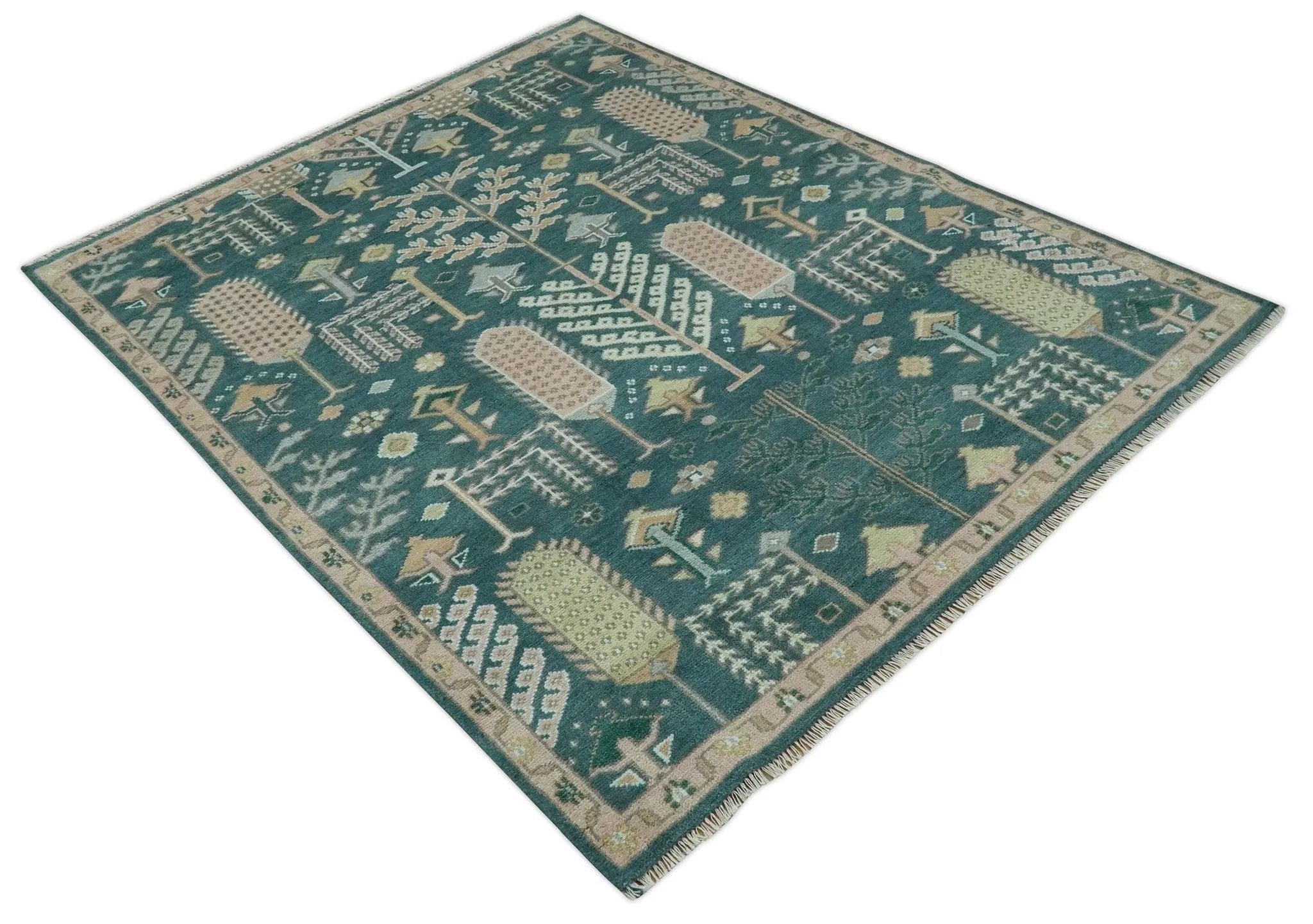 Tree of life Teal, Peach and Olive Hand Knotted Traditional Oushak Custom Made wool area Rug