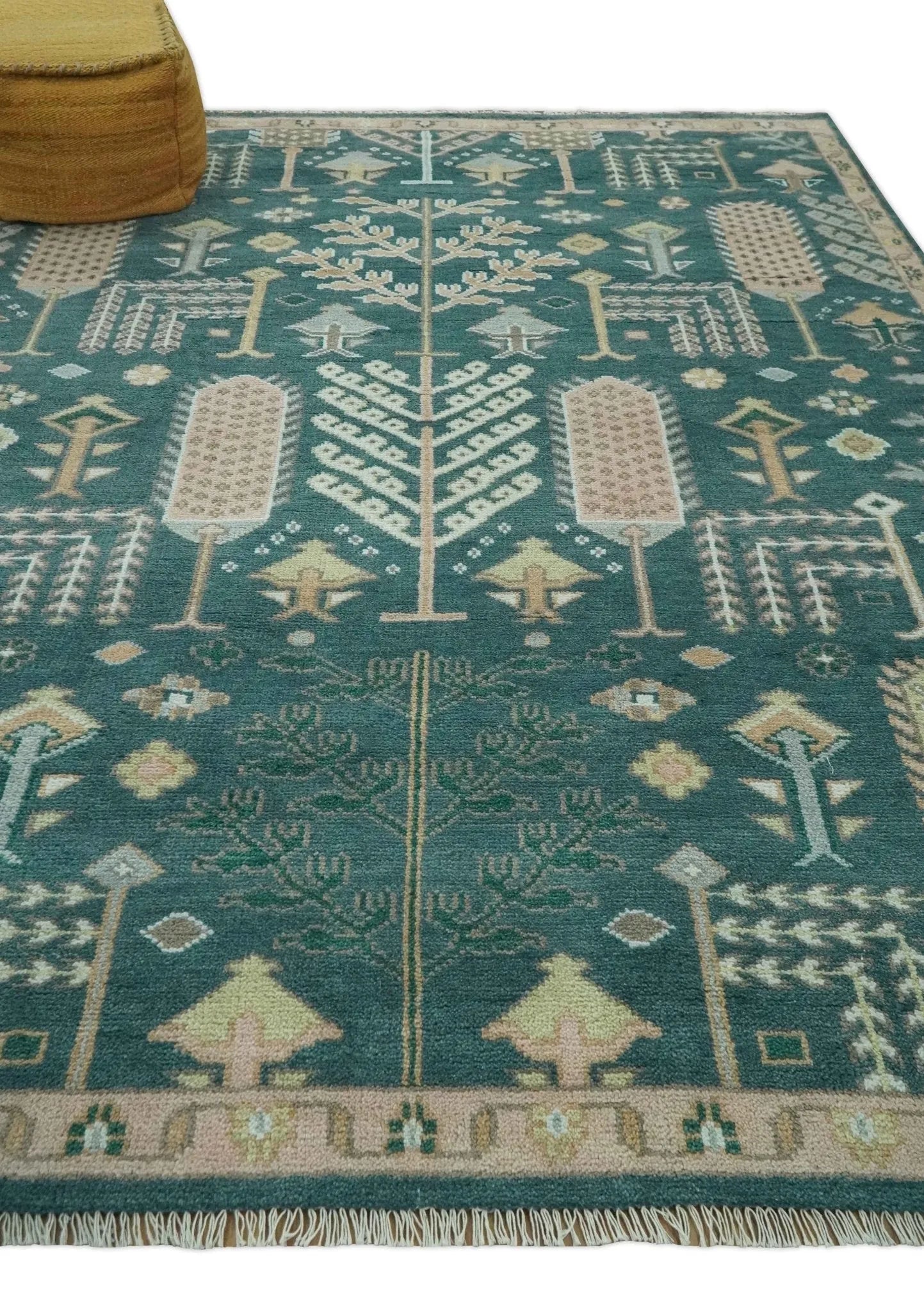 Tree of life Teal, Peach and Olive Hand Knotted Traditional Oushak Custom Made wool area Rug