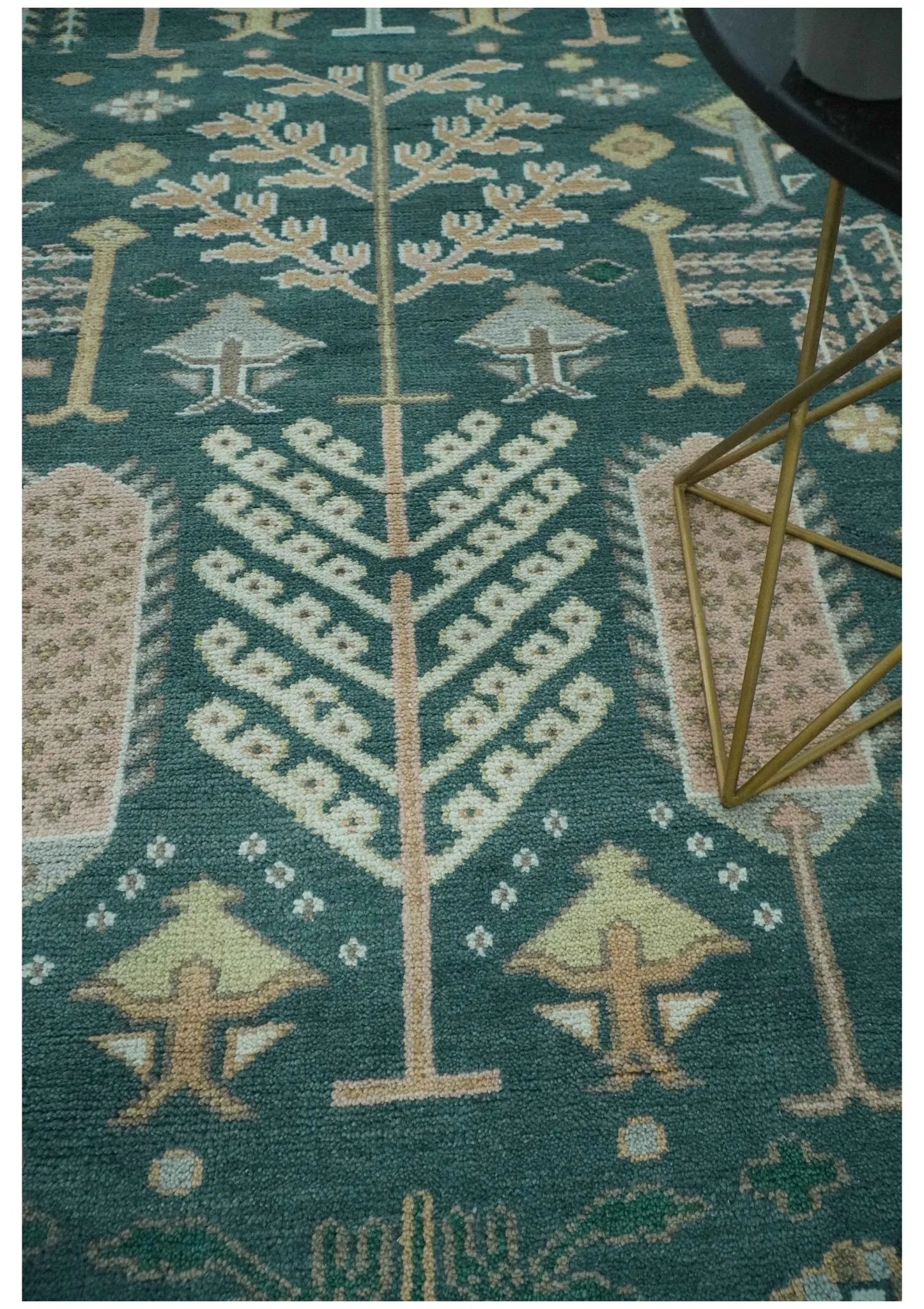 Tree of life Teal, Peach and Olive Hand Knotted Traditional Oushak Custom Made wool area Rug