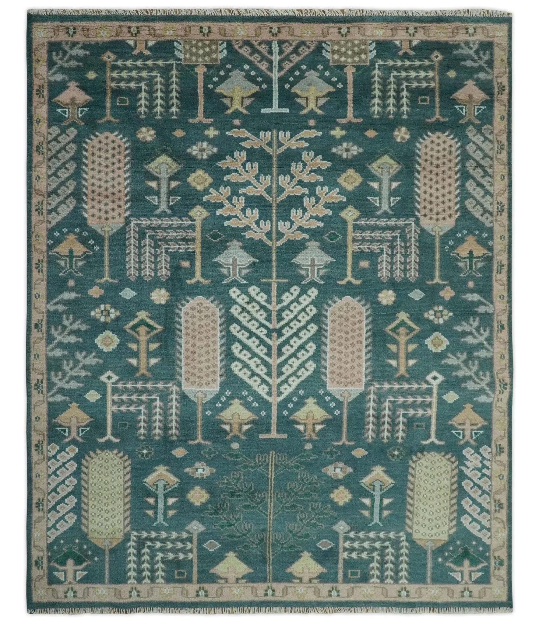 Tree of life Teal, Peach and Olive Hand Knotted Traditional Oushak Custom Made wool area Rug