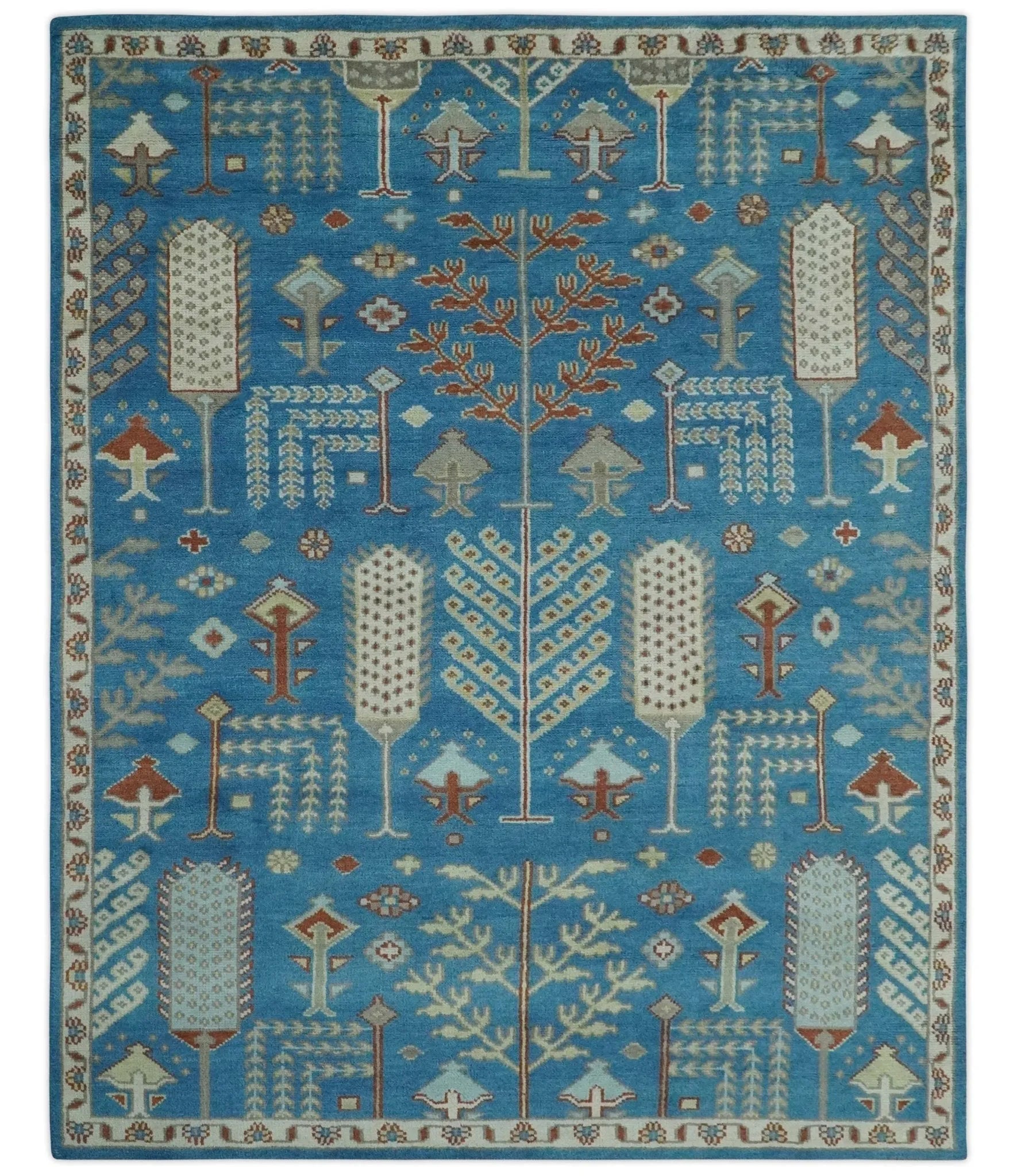 Tree of life Traditional Floral Blue, Ivory and Brown Hand Knotted Custom Made Wool Area Rug