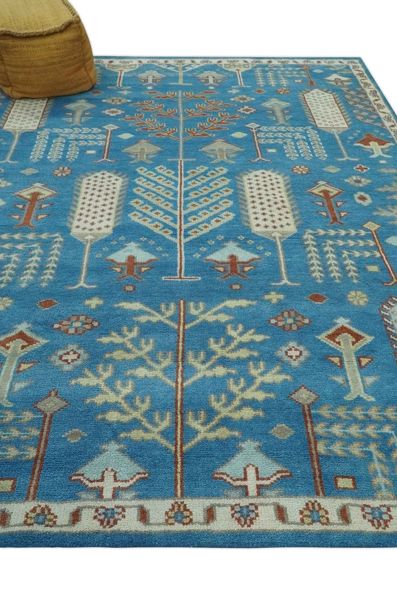 Tree of life Traditional Floral Blue, Ivory and Brown Hand Knotted Custom Made Wool Area Rug