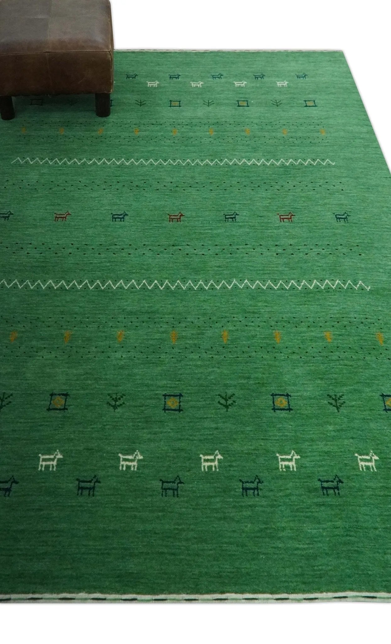 Tribal Design Green Custom Made Traditional Hand loom Wool Area Rug