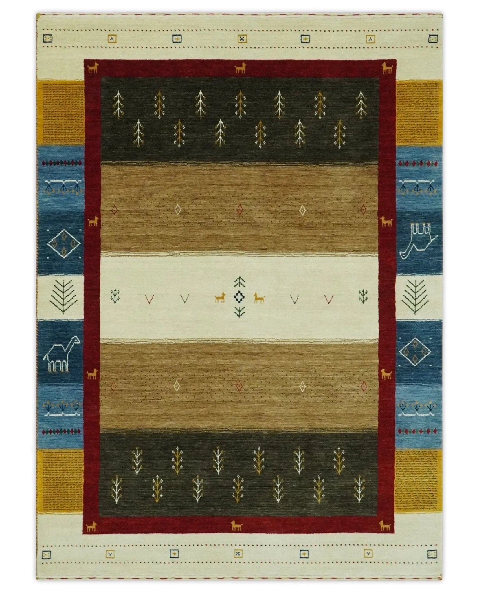 Tribal Gabbeh Gold, Ivory, Blue and Charcoal Stripes design Custom Made Wool Rug