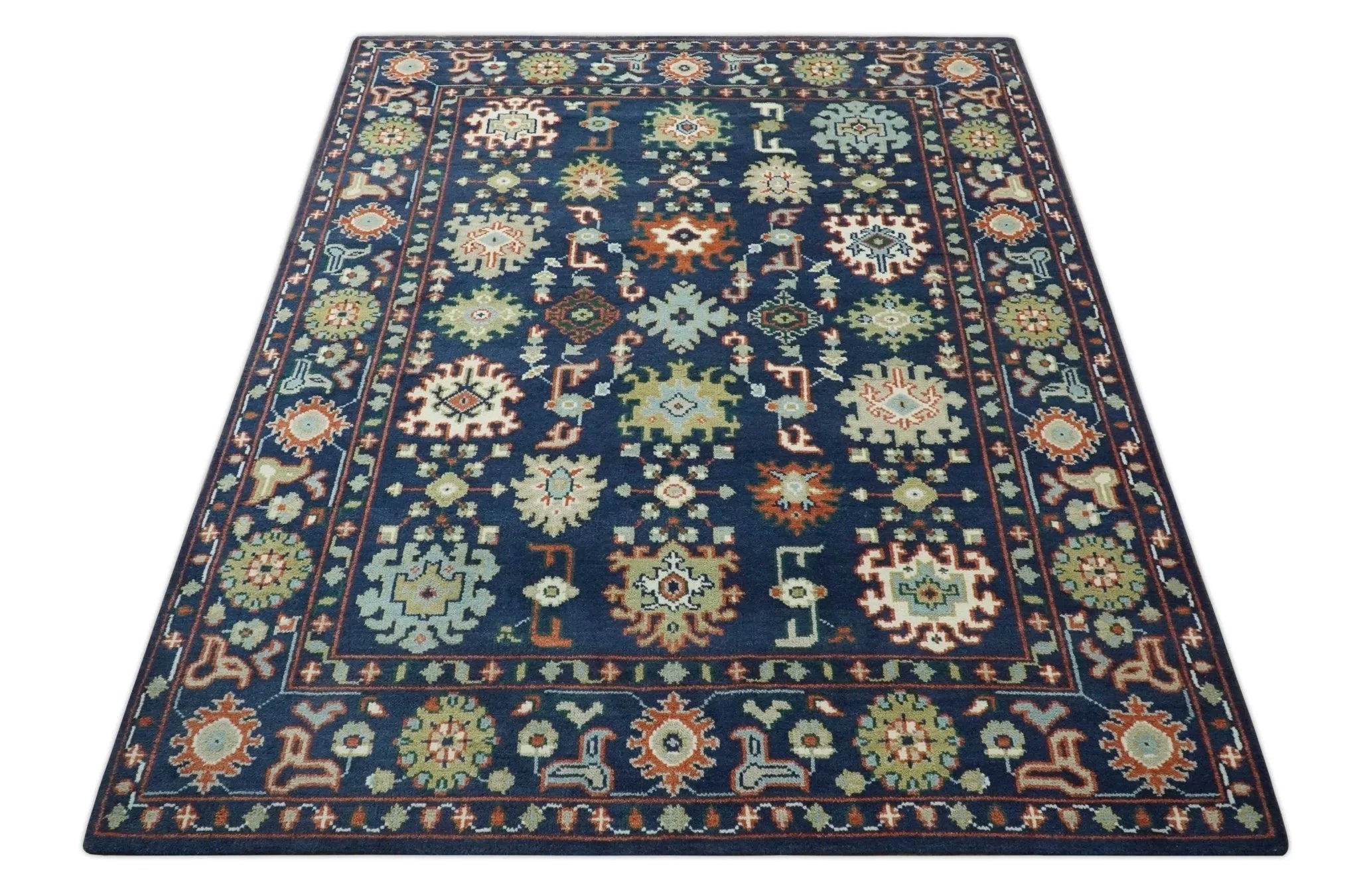 Vibrant colorful Blue, Rust, Ivory and Olive Hand knotted Traditional Oushak Custom Made wool Area Rug