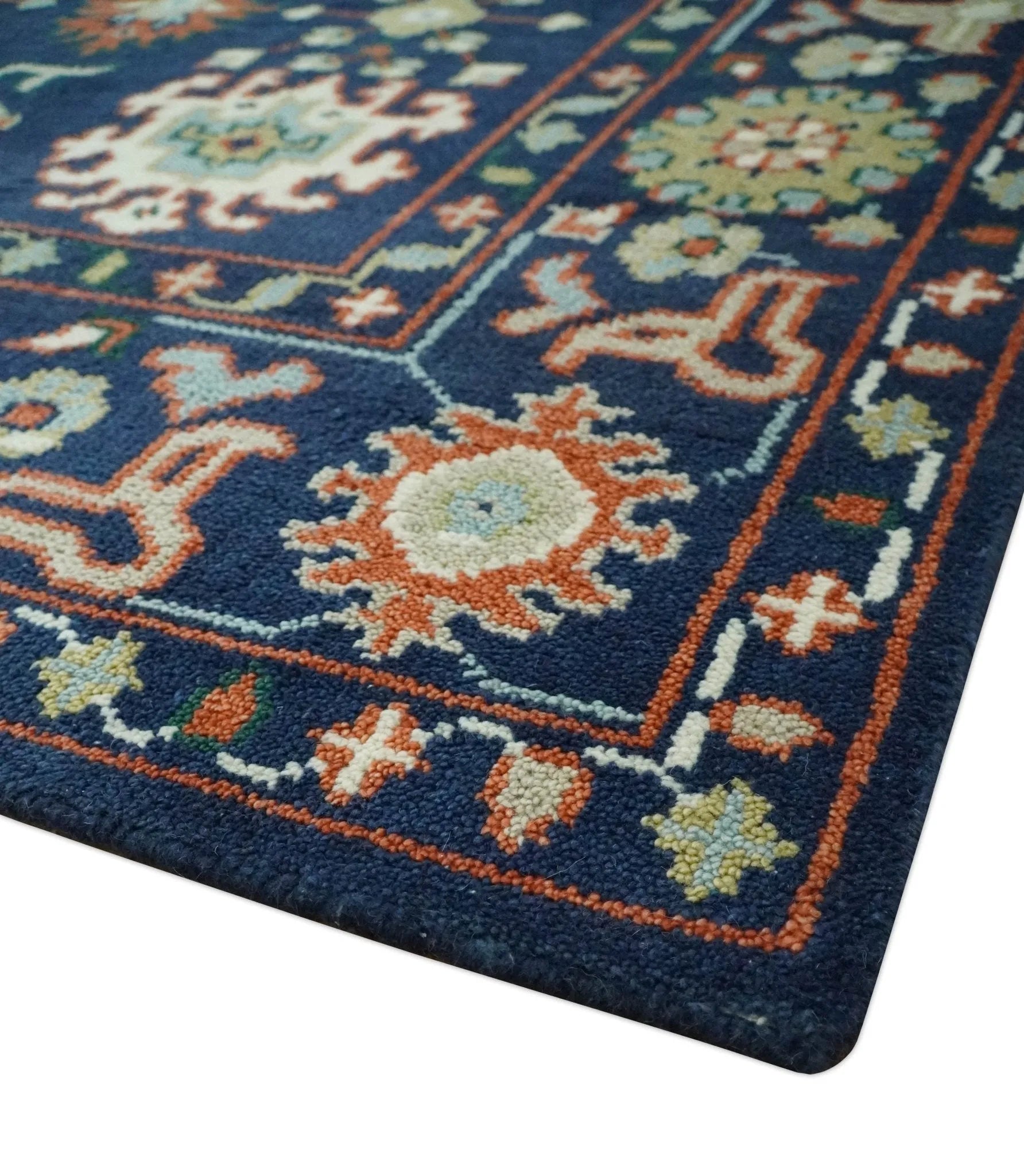 Vibrant colorful Blue, Rust, Ivory and Olive Hand knotted Traditional Oushak Custom Made wool Area Rug