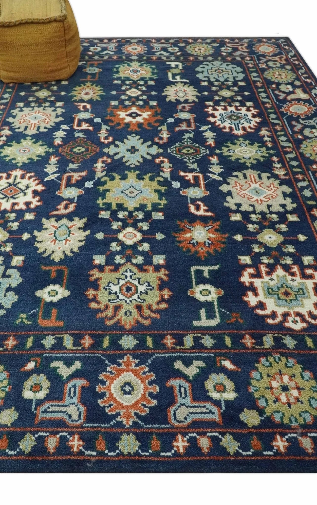 Vibrant colorful Blue, Rust, Ivory and Olive Hand knotted Traditional Oushak Custom Made wool Area Rug