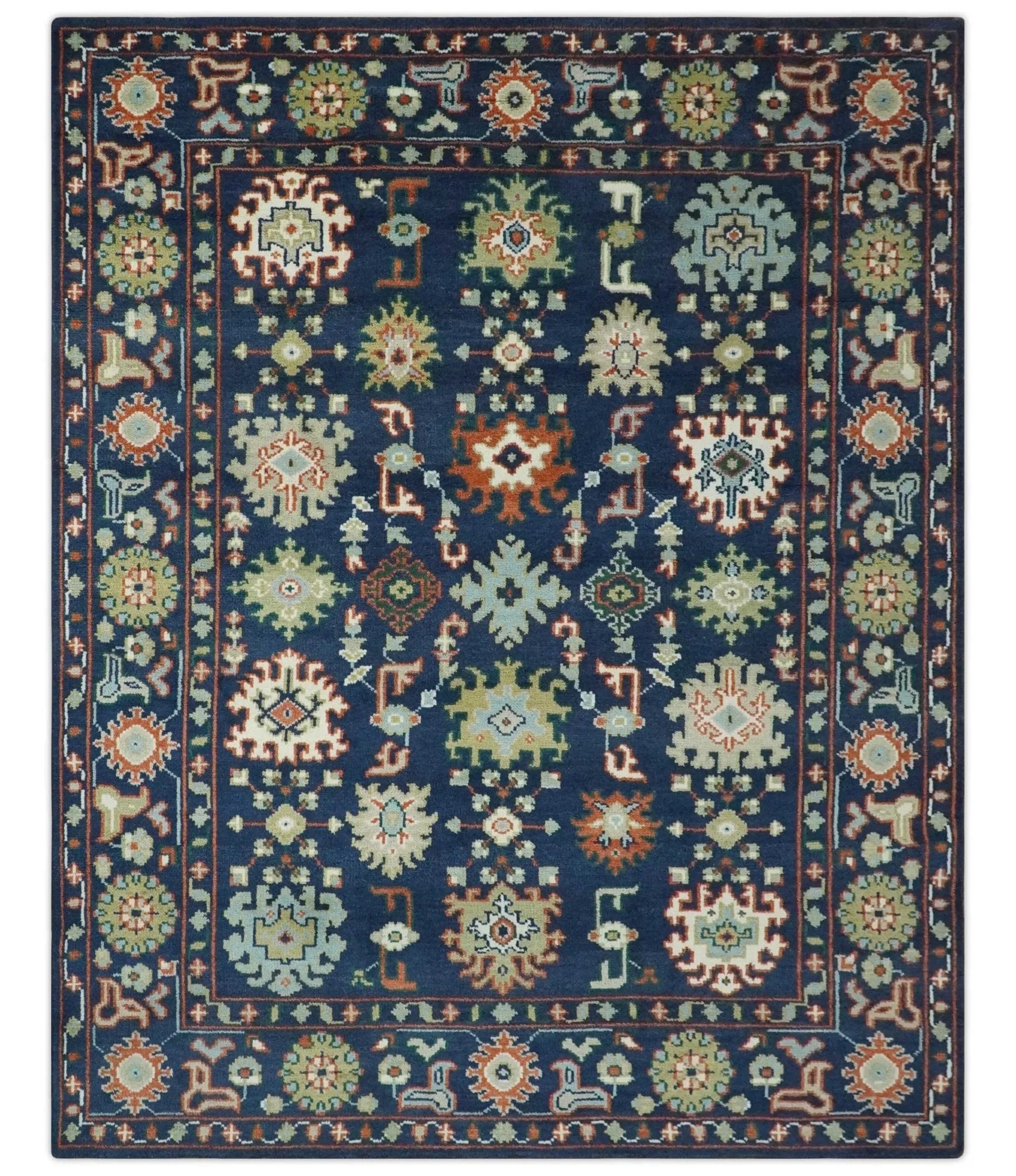 Vibrant colorful Blue, Rust, Ivory and Olive Hand knotted Traditional Oushak Custom Made wool Area Rug