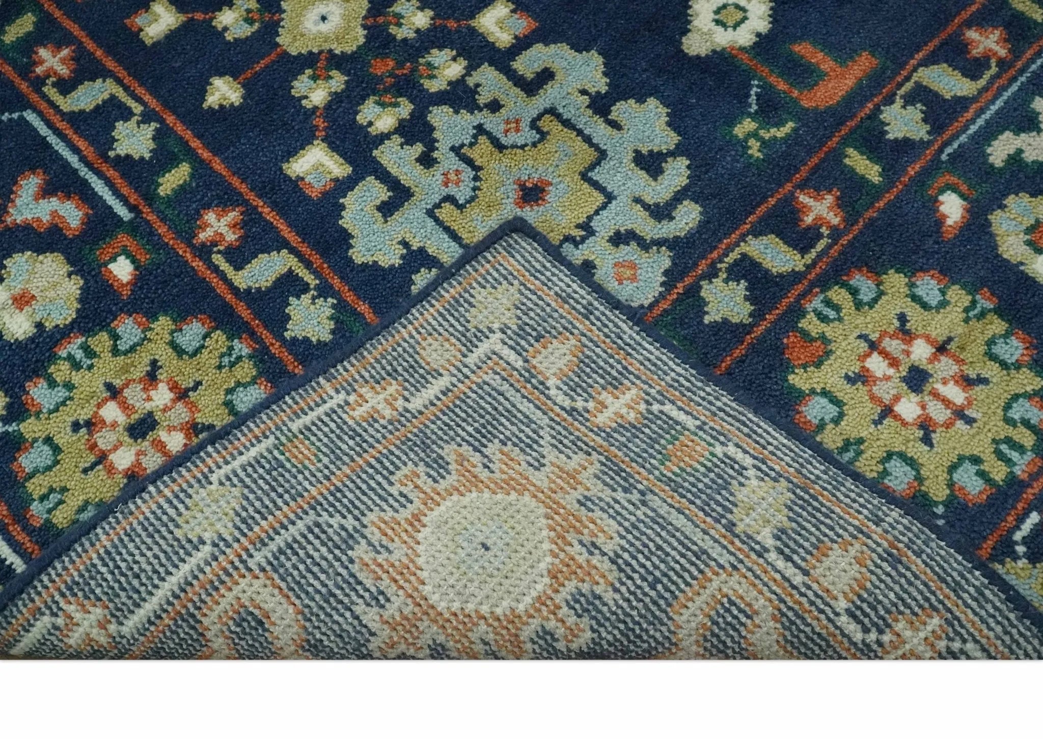 Vibrant colorful Blue, Rust, Ivory and Olive Hand knotted Traditional Oushak Custom Made wool Area Rug