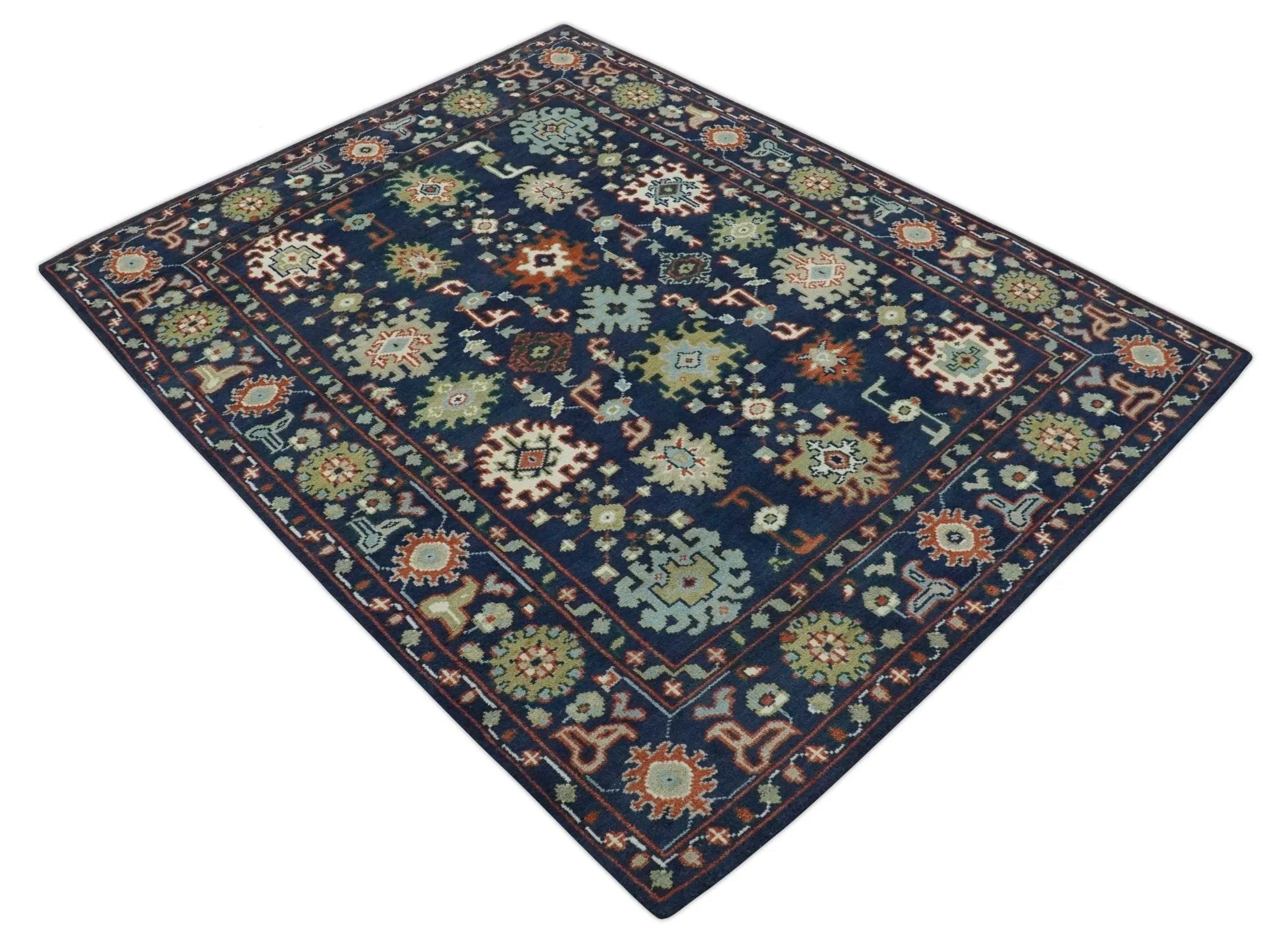 Vibrant colorful Blue, Rust, Ivory and Olive Hand knotted Traditional Oushak Custom Made wool Area Rug