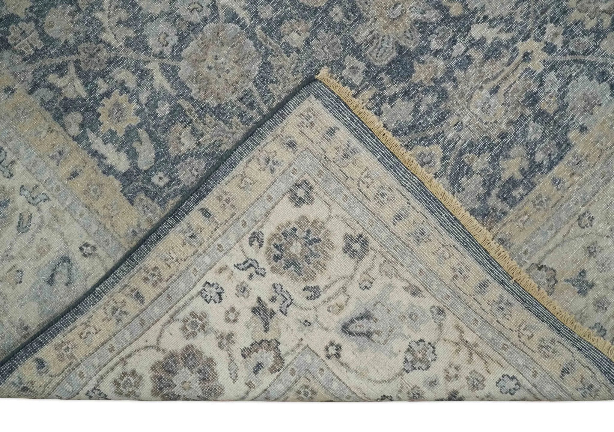 Custom Made Vintage Style Hand Knotted Traditional Blue and Beige Antique Textured Low Pile Distressed Wool Rug