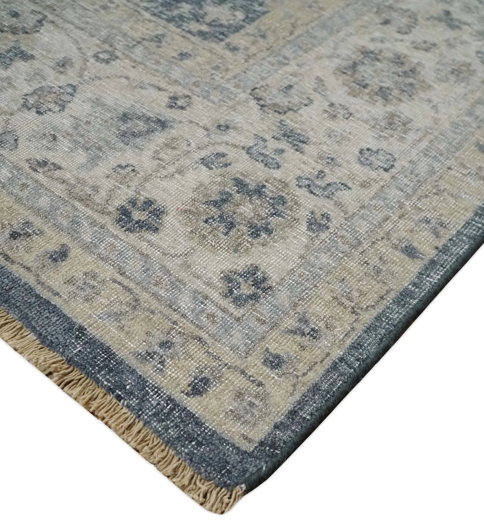 Custom Made Vintage Style Hand Knotted Traditional Blue and Beige Antique Textured Low Pile Distressed Wool Rug