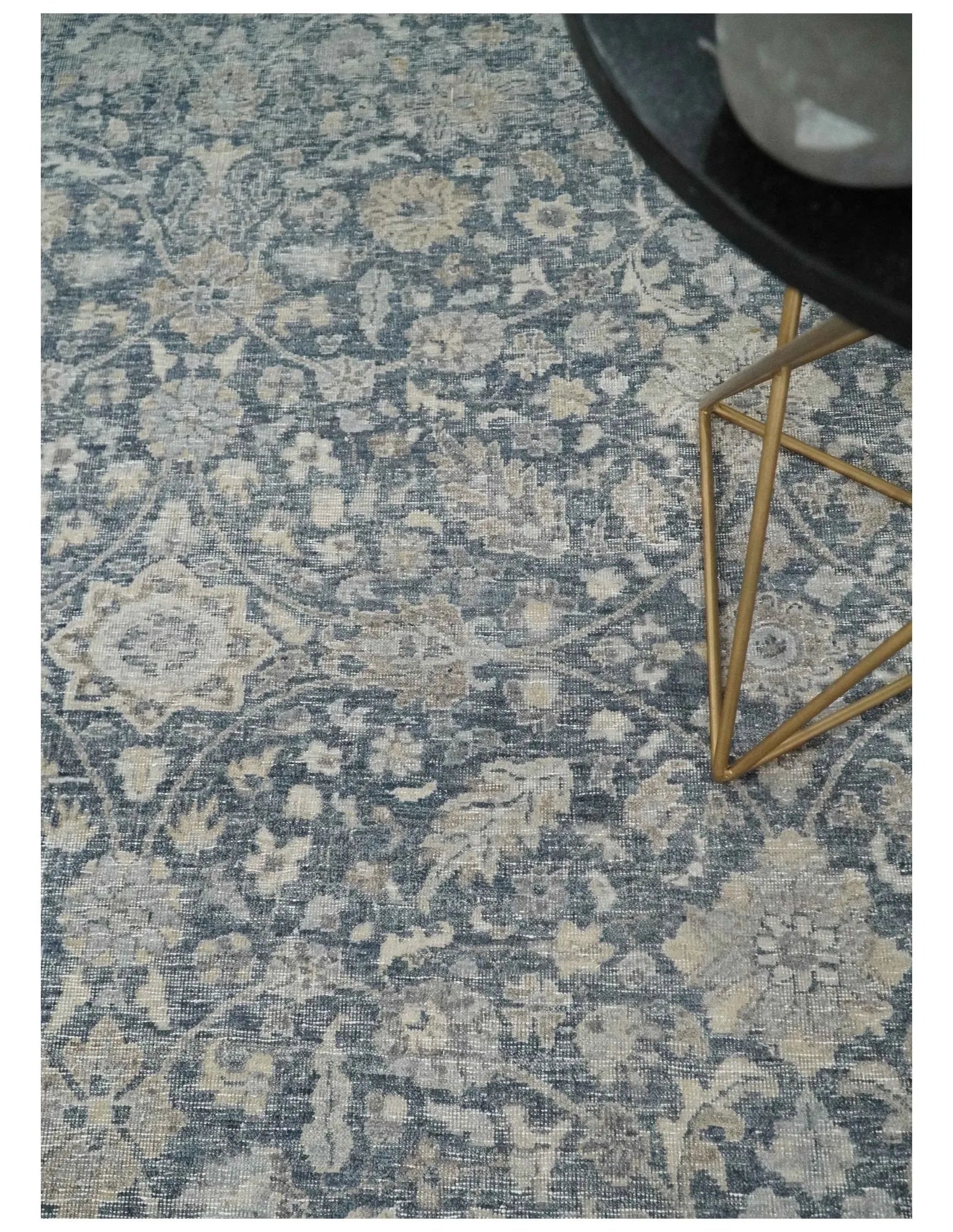 Custom Made Vintage Style Hand Knotted Traditional Blue and Beige Antique Textured Low Pile Distressed Wool Rug