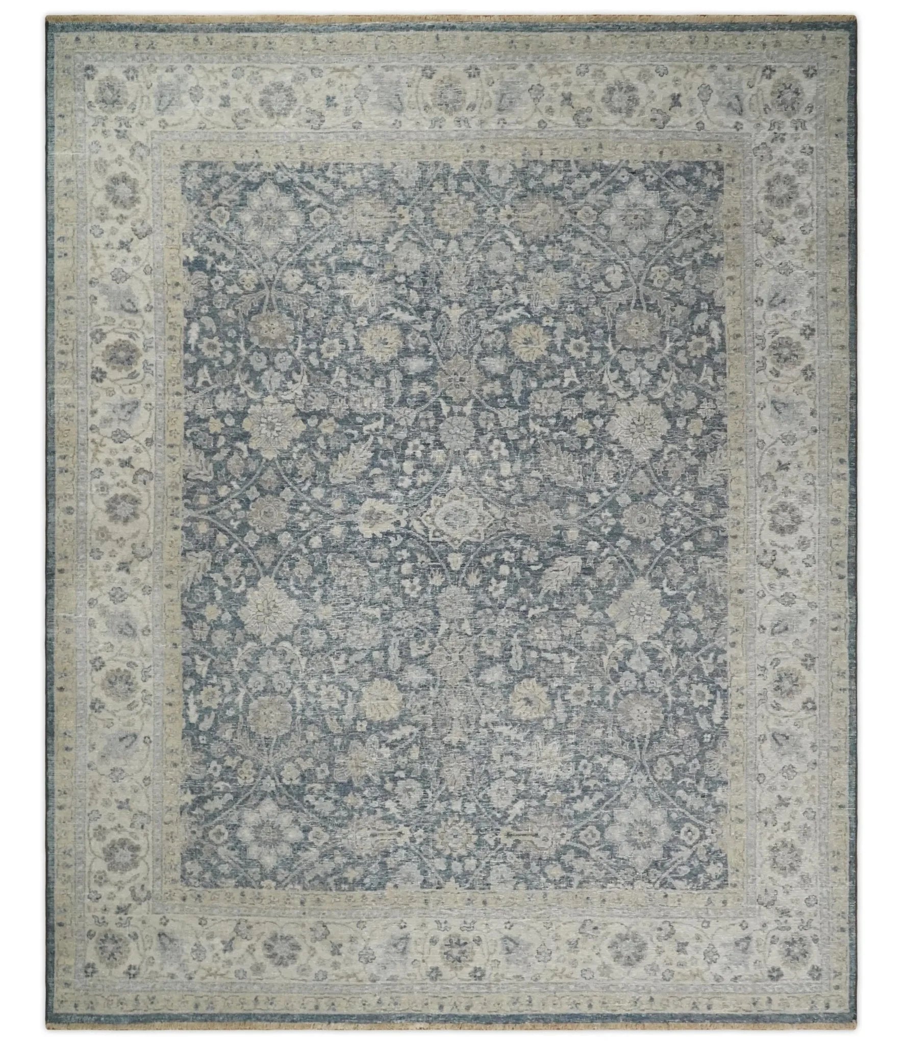 Custom Made Vintage Style Hand Knotted Traditional Blue and Beige Antique Textured Low Pile Distressed Wool Rug