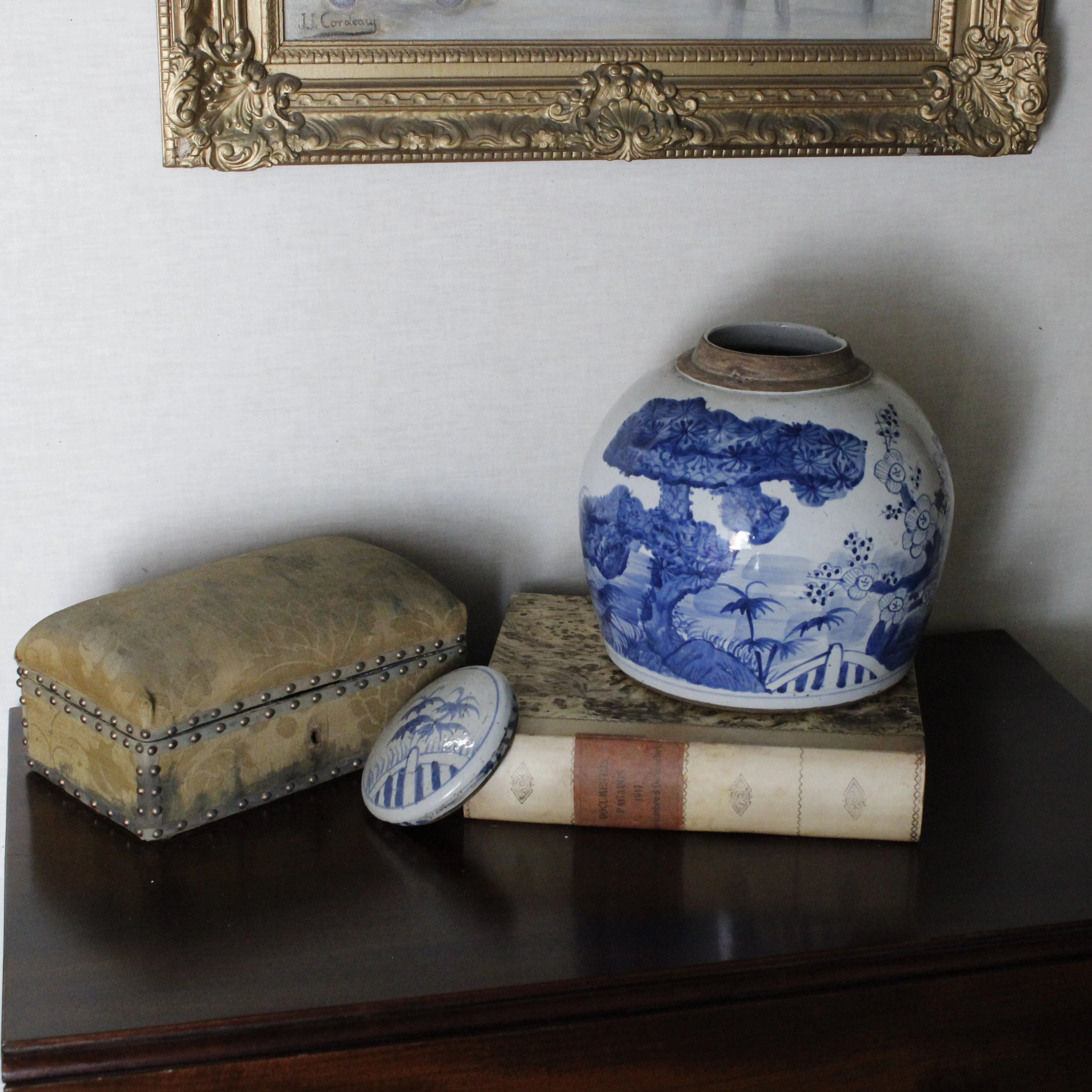 Blue and White Vintage Ming Jar Pine Motif