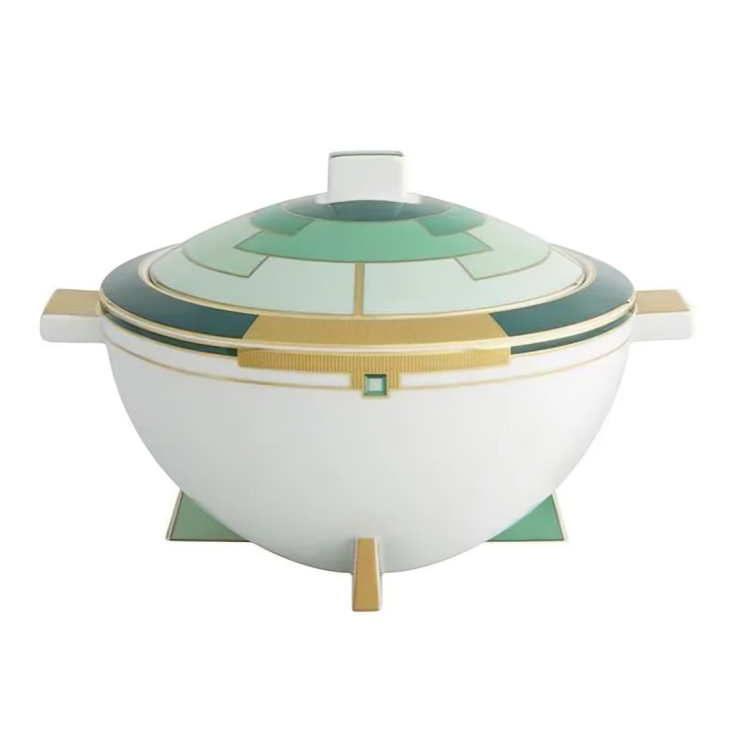 Emerald Porcelain Tureen in White and Dark Green