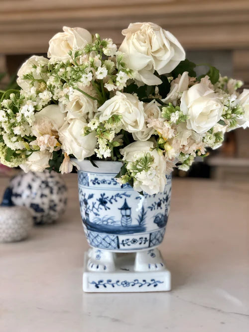 Porcelain Footed Planter in Dark Blue and White with Village Scene Design