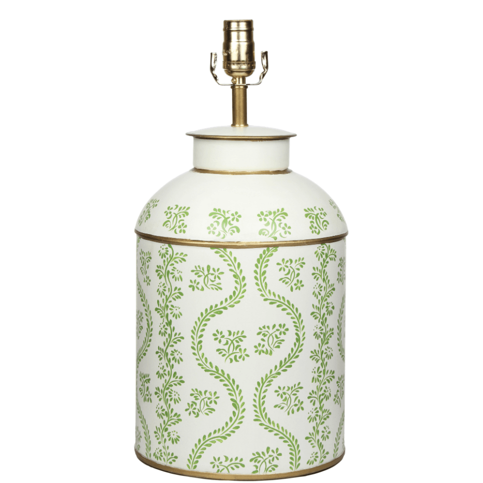 The Enchanted Home Chinoiserie Tole Lamp in Ivory with Moss Green Leaf Pattern