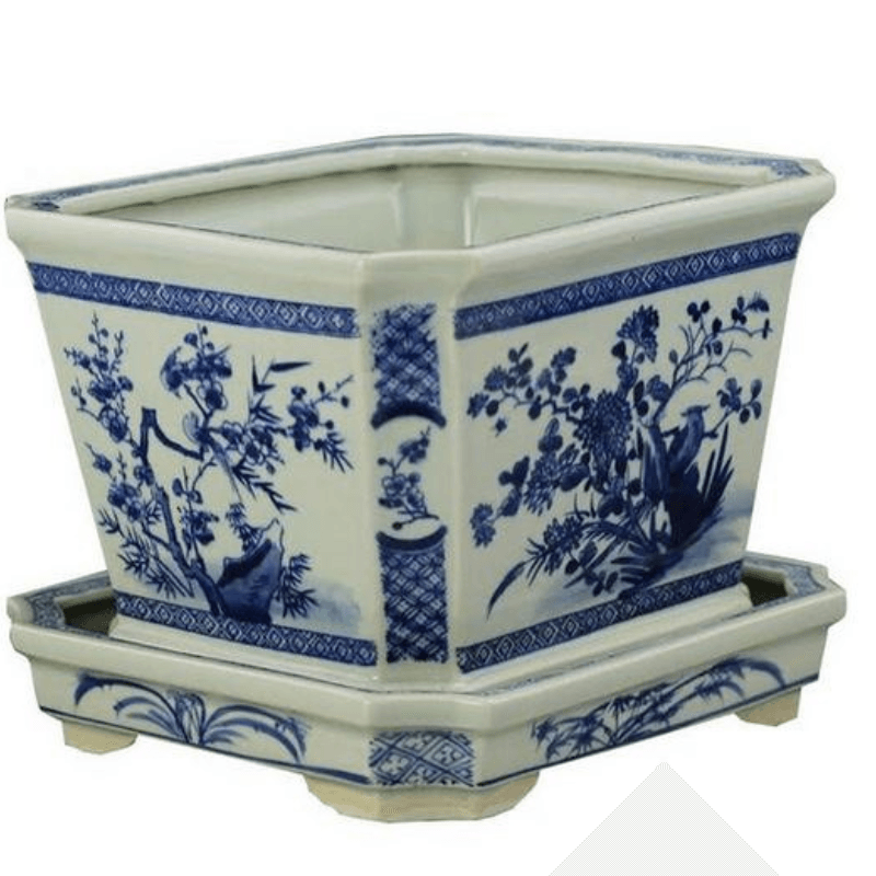 The Enchanted Home Floral Planter in Blue/White with Tray