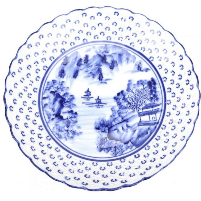 The Enchanted Home Blue-White Pierced Village Scene Footed Dish (3 sizes)