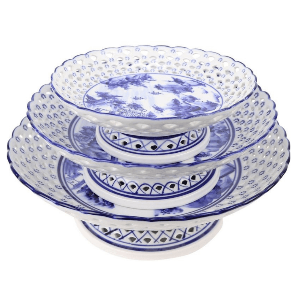 The Enchanted Home Blue-White Pierced Village Scene Footed Dish (3 sizes)